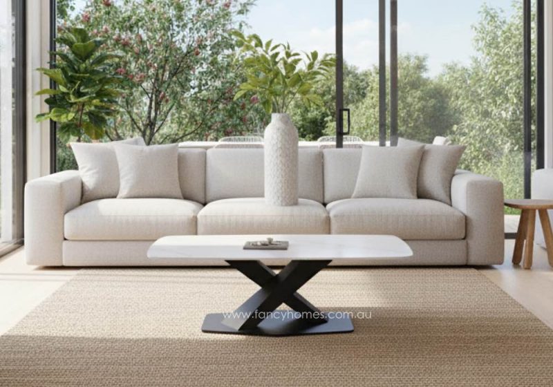 Fancy Homes Rocco Sintered Stone Top Coffee Table Black Base Cross Leg Coffee Table