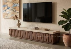 Fancy Homes Amara walnut veneer marble top tv unit with geometric fluted detailing.