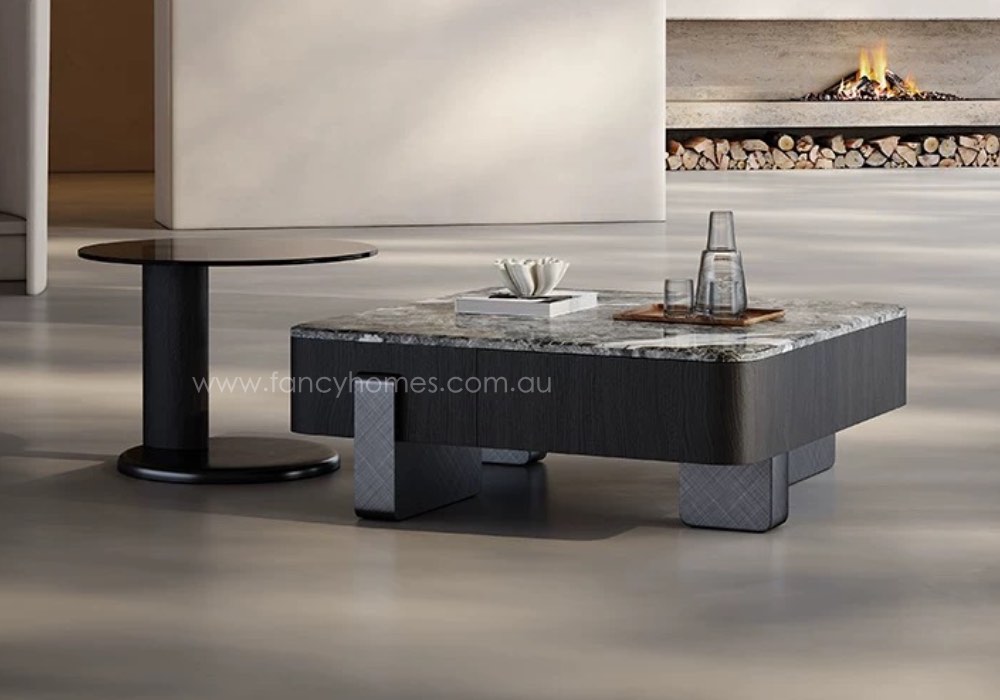 Blake Marble Top Coffee Table Set Side Side view of Fancy Homes Blake Marble Top Coffee Table with Glass Top Side Table featuring black and dark grey tone for sophistication and contrast