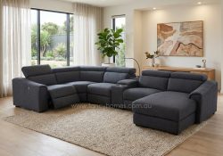 Castor dark grey modular fabric sofa with chaise lounge, featuring a power recliner and a smart console table.