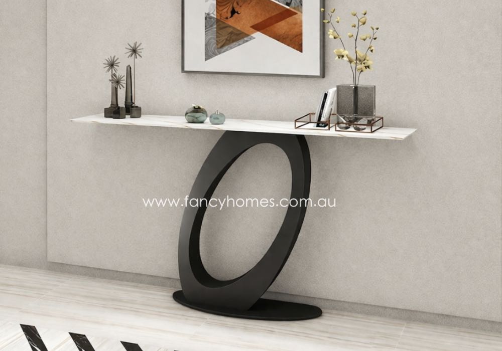 Cavaro Sintered Stone Top Console Table Side Side view of Fancy Homes Cavaro sintered stone console table with sculptural carbon steel base, modern hallway console table matching Cavaro dining and coffee table collection