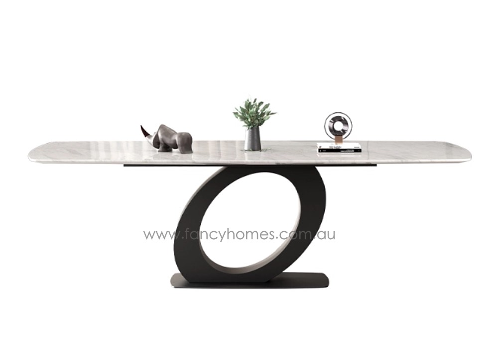 Cavaro Sintered Stone Top Dining Front Front view of Fancy Homes Cavaro sintered stone dining table with sculptural carbon steel base, modern dining table customisable 180cm to 220cm with matching coffee table and console table collection