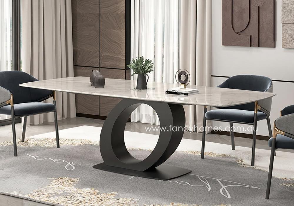 Cavaro Sintered Stone Top Dining Table Side Side view of Fancy Homes Cavaro sintered stone dining table with sculptural carbon steel base, modern dining table customisable 180cm to 220cm with matching coffee table and console table collection
