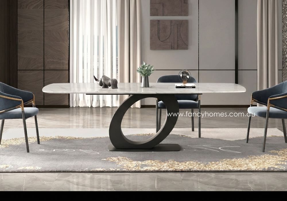 Cavaro Sintered Stone Top Dining Table Fancy Homes Cavaro sintered stone dining table with sculptural carbon steel base, modern dining table customisable 180cm to 220cm with matching coffee table and console table collection
