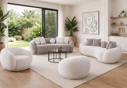 CloudNest modern curved fabric lounge suite in white boucle fabric,