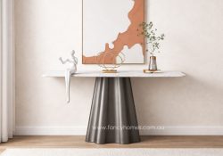 Fancy Homes Kove console table with dark grey fluted stainless steel base and white sintered stone top.
