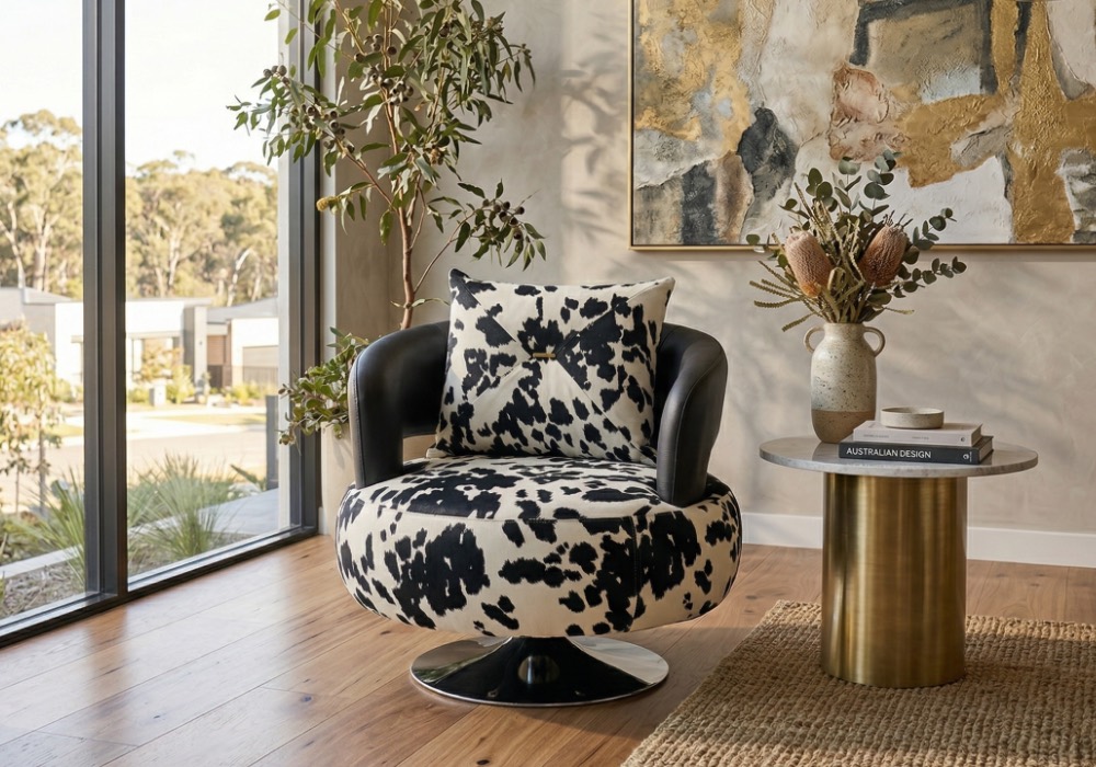 Orbit patterned swivel chair black white Orbit patterned swivel chair black white cow print