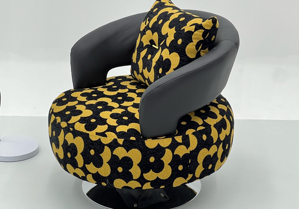 Orbit patterned swivel chair yellow black side Orbit swivel chairy ellow and black floral pattern