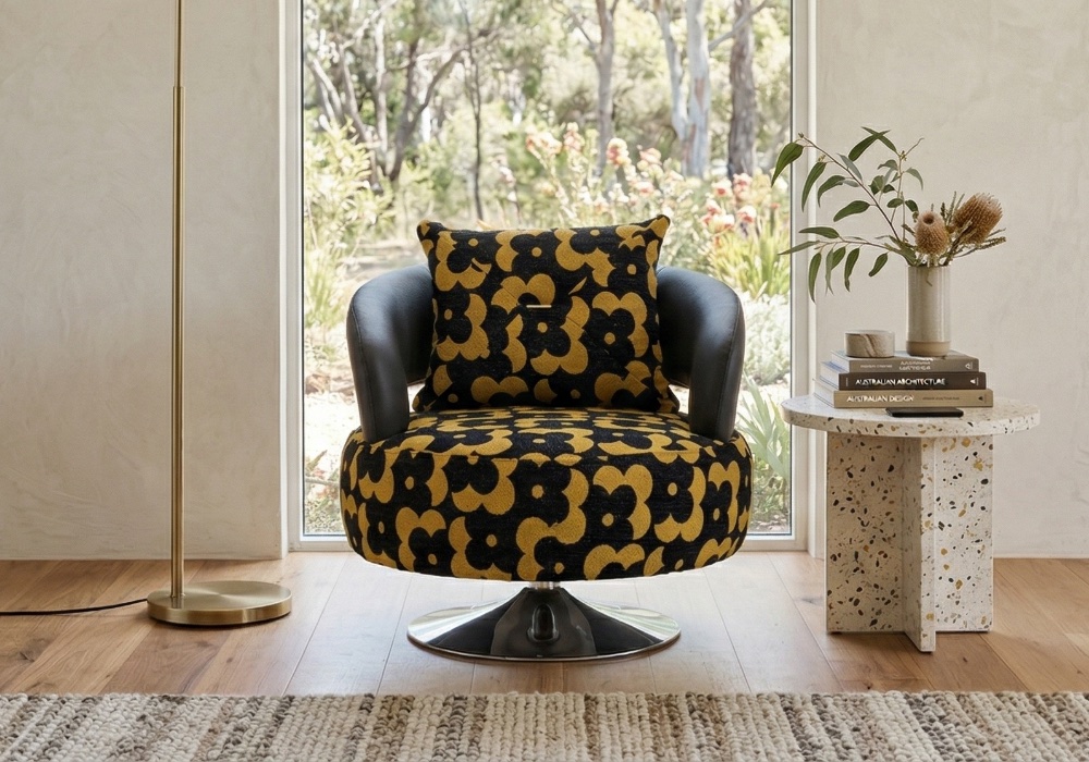 Orbit patterned swivel chair yellow black Orbit swivel chairy ellow and black floral pattern