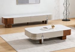 Fancy Homes Orlina Rounded marble top coffee table and TV unit with walnut veneer and drawers, modern low-profile design