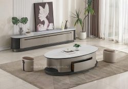 Fancy Homes Roman oval lift-top coffee table with engineered marble top, storage compartment, drawer, and two ottomans, suitable for contemporary living rooms