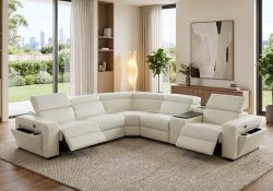 vertex white modular leather sofa featuring power recliners, a smart console table, and hidden armrest storage.