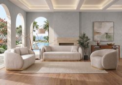 Cloudia modern curved fabric lounge suite in light beige upholstery featuring an elegant gold metallic base.