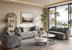 Velora modern curved fabric lounge suite in grey boucle upholstery,