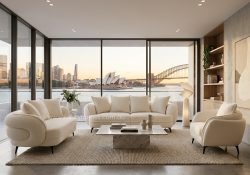 avelia modern curved fabric lounge suite in cream boucle upholstery featuring unique layered armrests and black metal legs